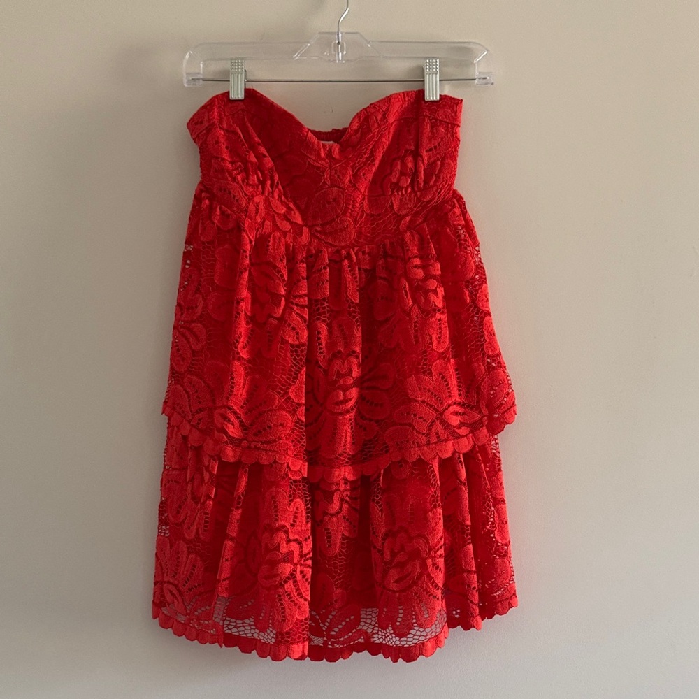 NWT Maeve Anthropologie Strapless Red Lace Tiered Mini Dress Size Small - Picture 4 of 15